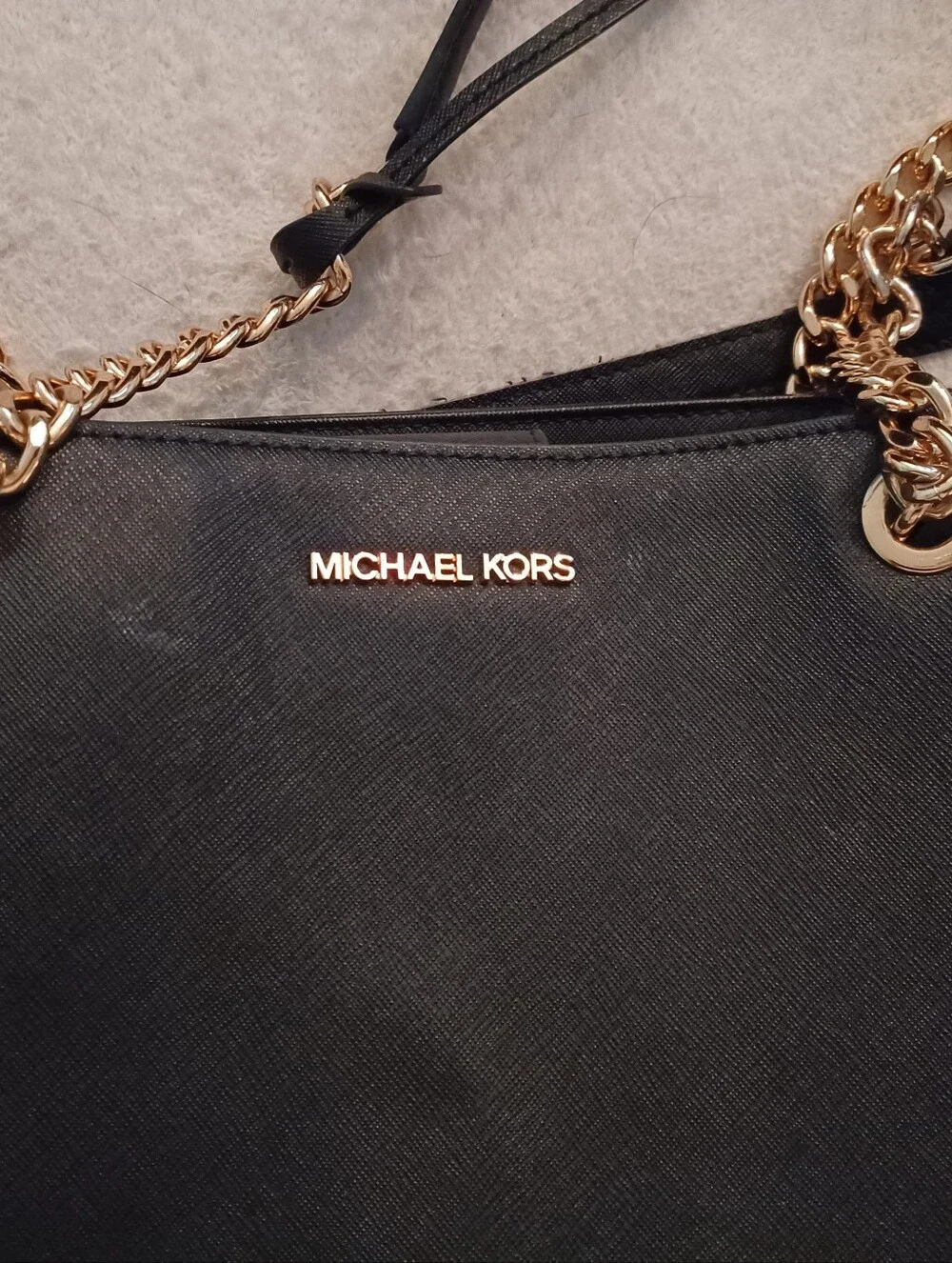 Michael Kors Large Black Tote Shoulder Bag Gold Chain Strap MK Charm Zip Snap